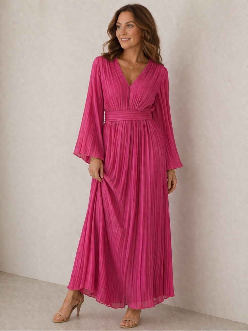 NWT Zara‎ Fuchsia Pleated V-Neck Midi Dress Barbie Hot Pink Large Romantic Glow